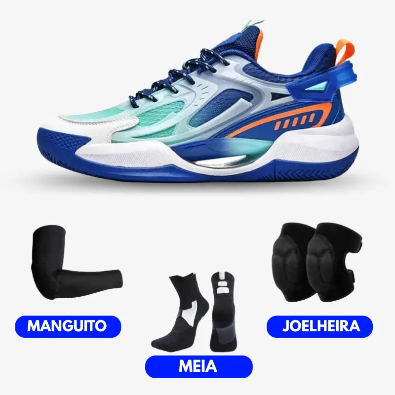 KIT Tênis de Vôlei PowerGrip + Joelheira + Meia + Manguito-Azul Escuro