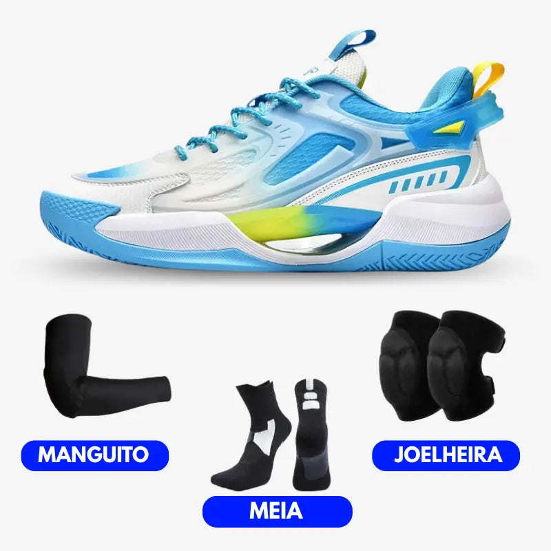 KIT Tênis de Vôlei PowerGrip + Joelheira + Meia + Manguito-Azul