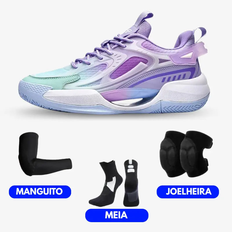 KIT Tênis de Vôlei PowerGrip + Joelheira + Meia + Manguito-Roxo