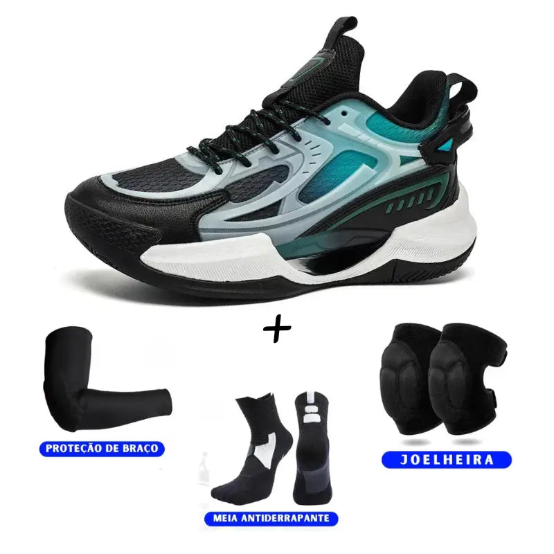 KIT Tênis de Vôlei PowerGrip Black + Joelheira + Meia + Manguito