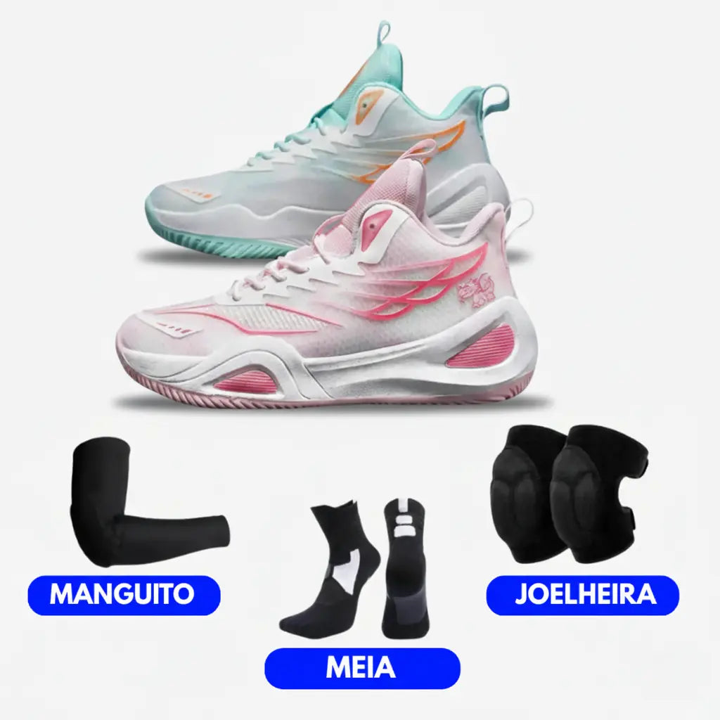 KIT Tênis de Vôlei DunkX - Antiderrapante + Joelheira + Meia + Manguito-Rosa/Verde