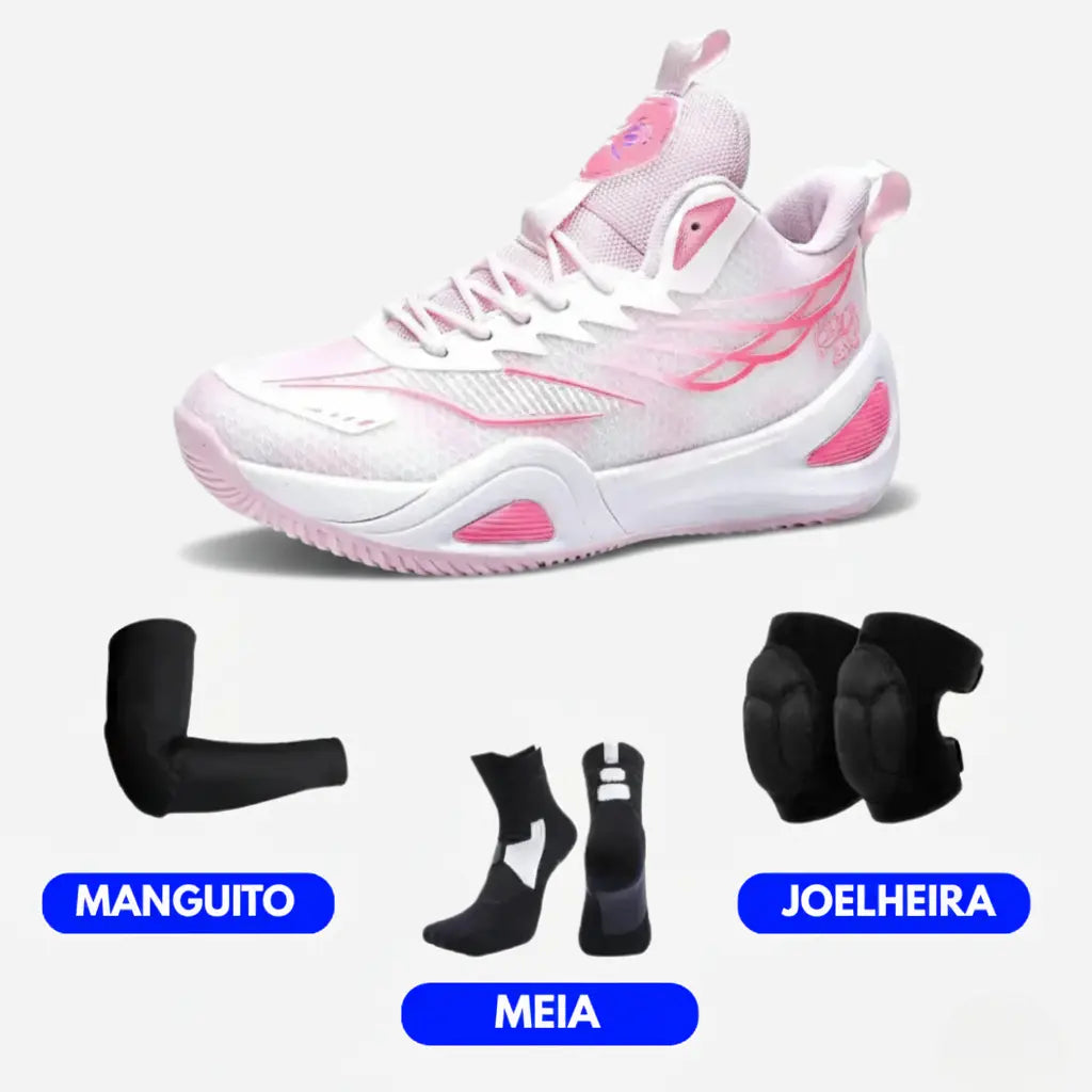 KIT Tênis de Vôlei DunkX - Antiderrapante + Joelheira + Meia + Manguito-Rosa