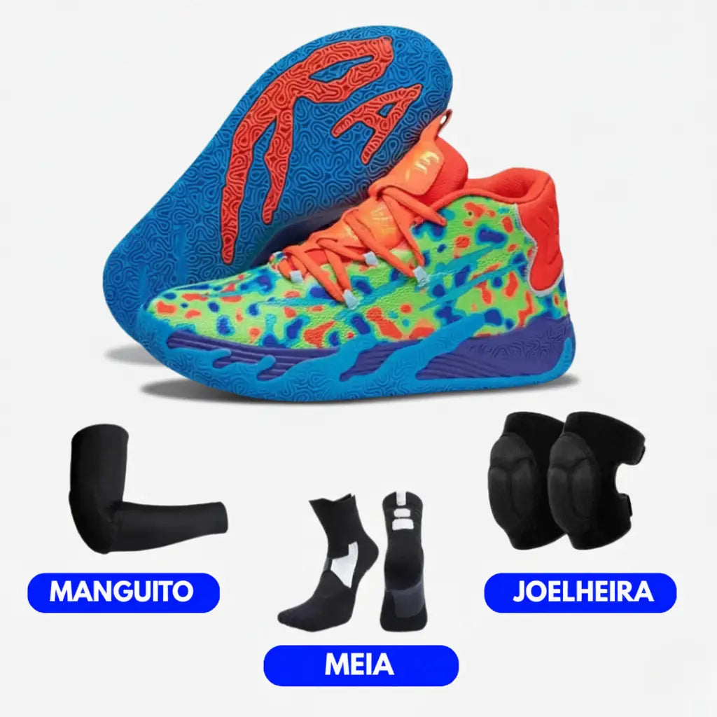 KIT Tênis de Vôlei AeroDunk + Joelheira + Meia + Manguito-Verde-Laranja
