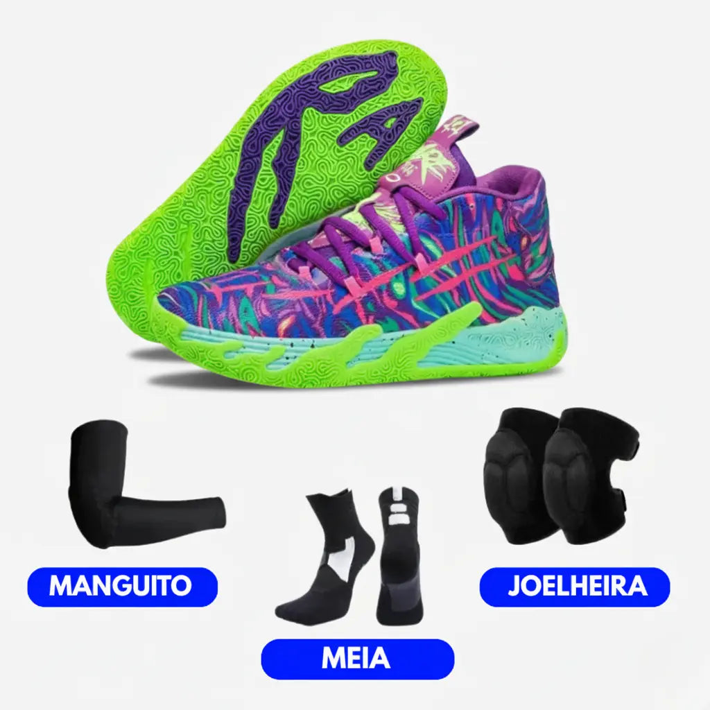 KIT Tênis de Vôlei AeroDunk + Joelheira + Meia + Manguito-Roxo/Verde