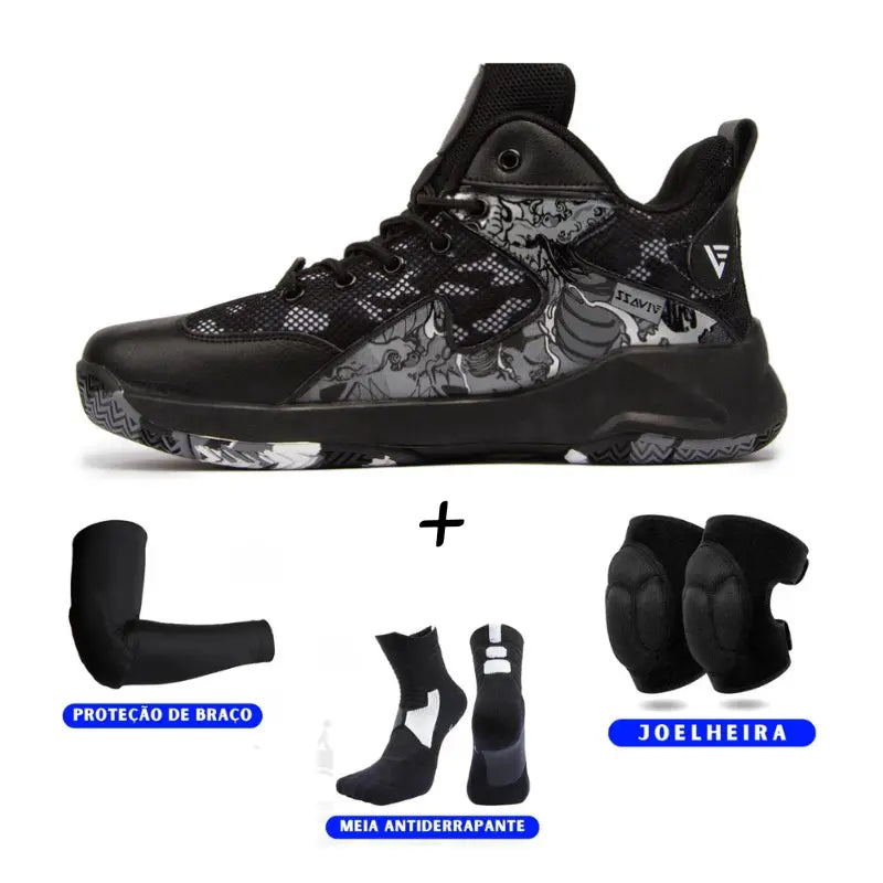 KIT Tênis de Vôlei All Black Grafite  + Joelheira + Meia + Manguito