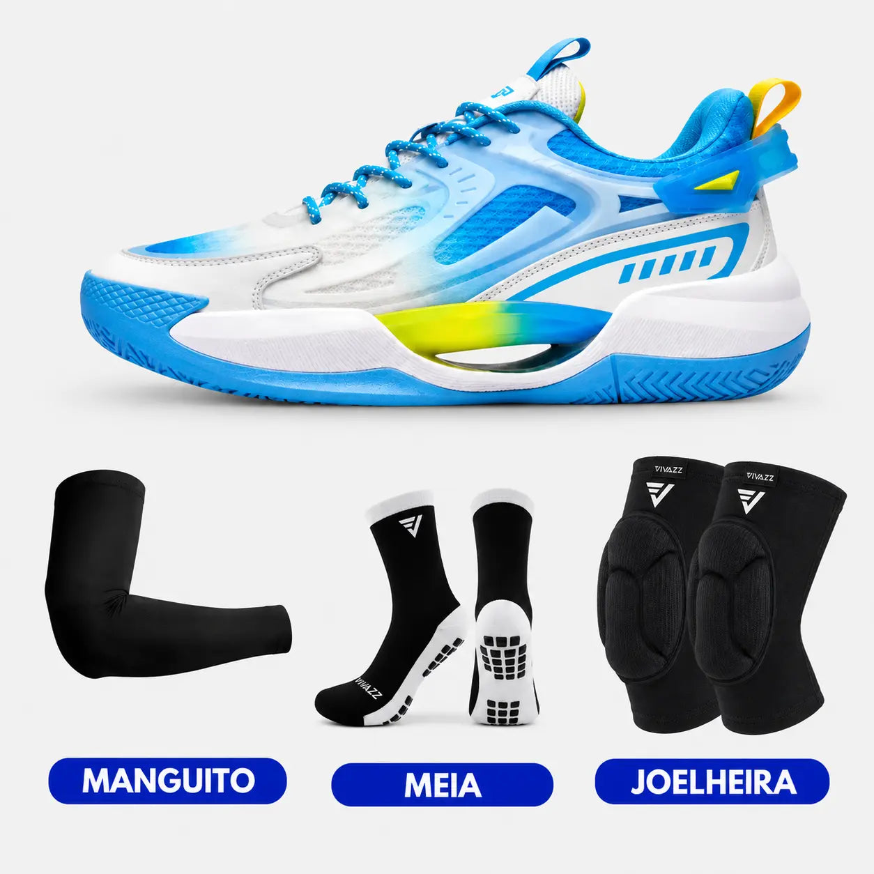 KIT Tênis de Vôlei PowerGrip + Joelheira + Meia + Manguito
