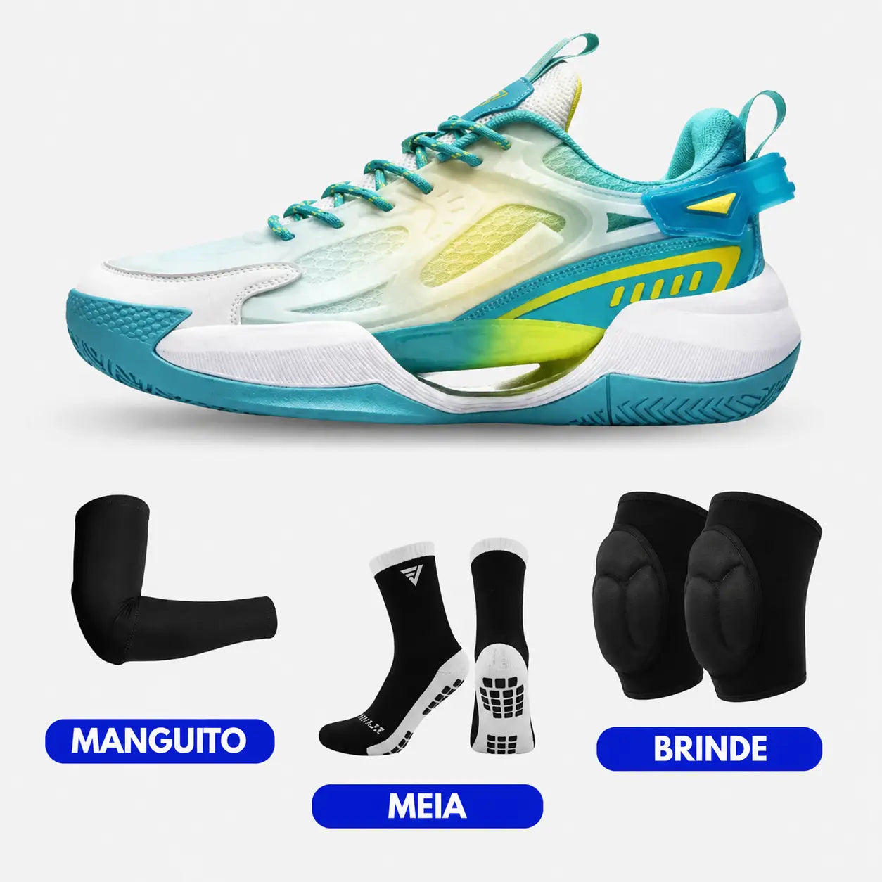 KIT Tênis de Vôlei PowerGrip + Joelheira + Meia + Manguito