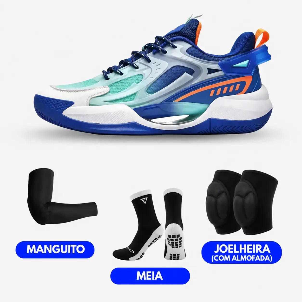 KIT Tênis de Vôlei PowerGrip + Joelheira + Meia + Manguito
