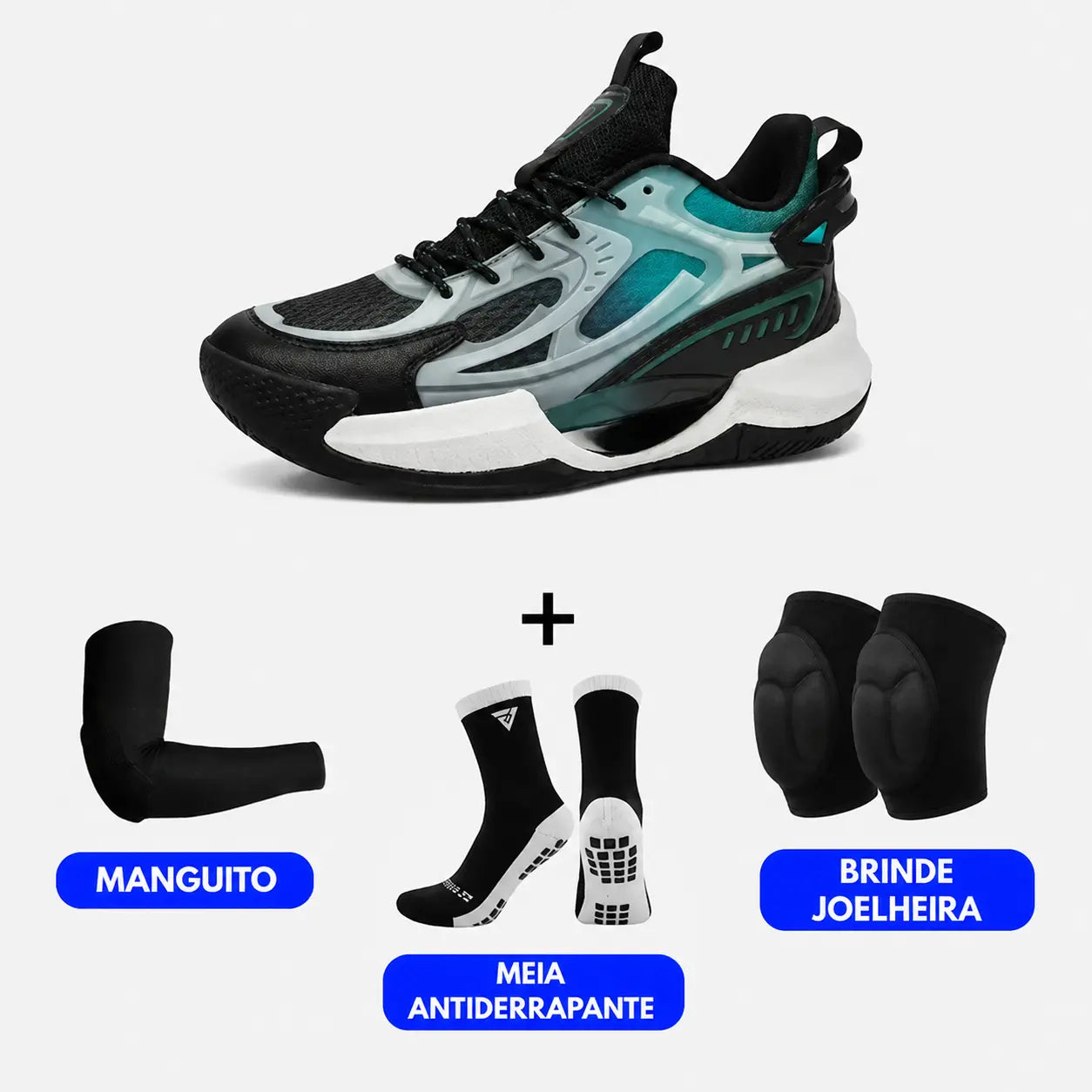 KIT Tênis de Vôlei PowerGrip Black + Joelheira + Meia + Manguito
