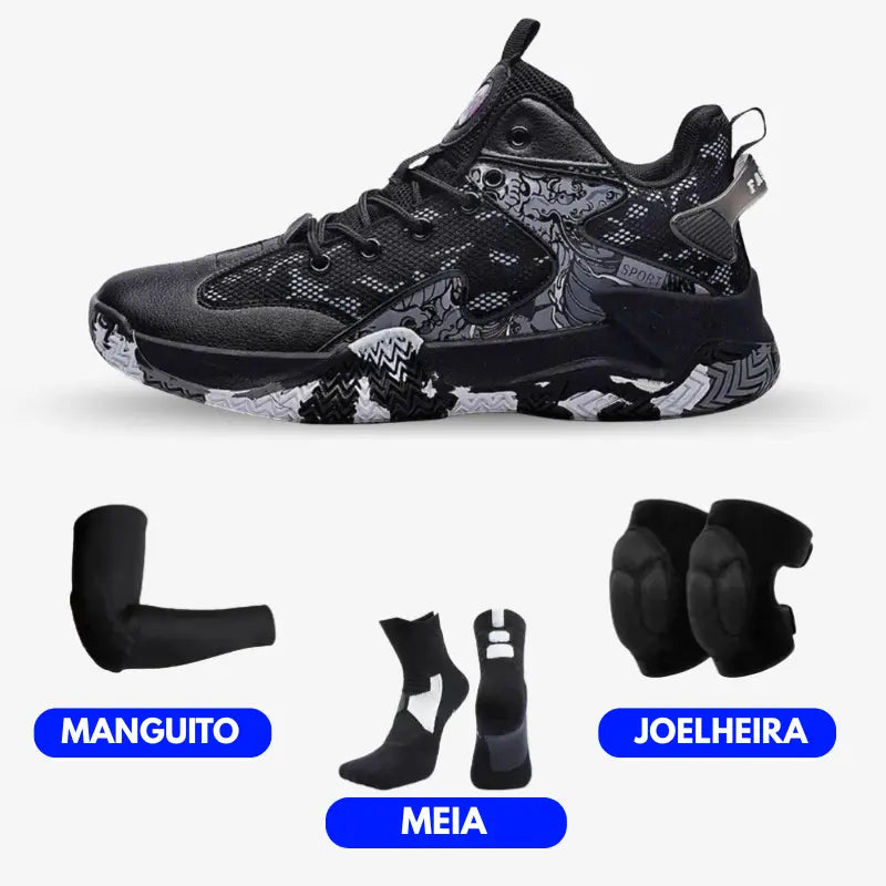 KIT Tênis de Vôlei All Black Grafite  + Joelheira + Meia + Manguito-Preto