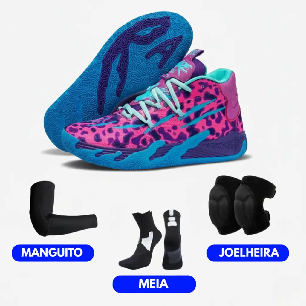 KIT Tênis de Vôlei AeroDunk + Joelheira + Meia + Manguito-Roxo/Azul