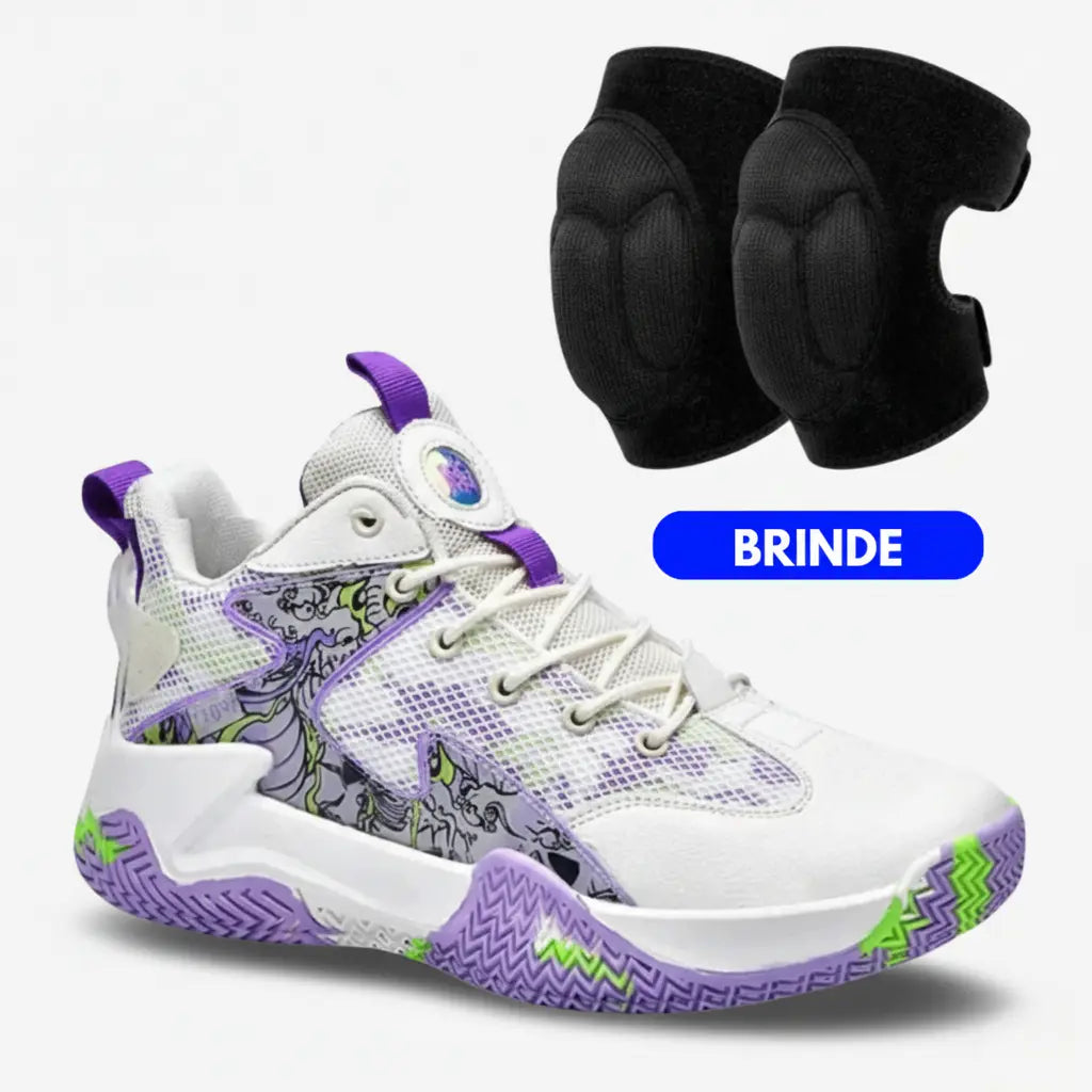 Kit Foam: Tênis de Vôlei Grafite 3.0 + Joelheira com Espuma-Branco-Roxo