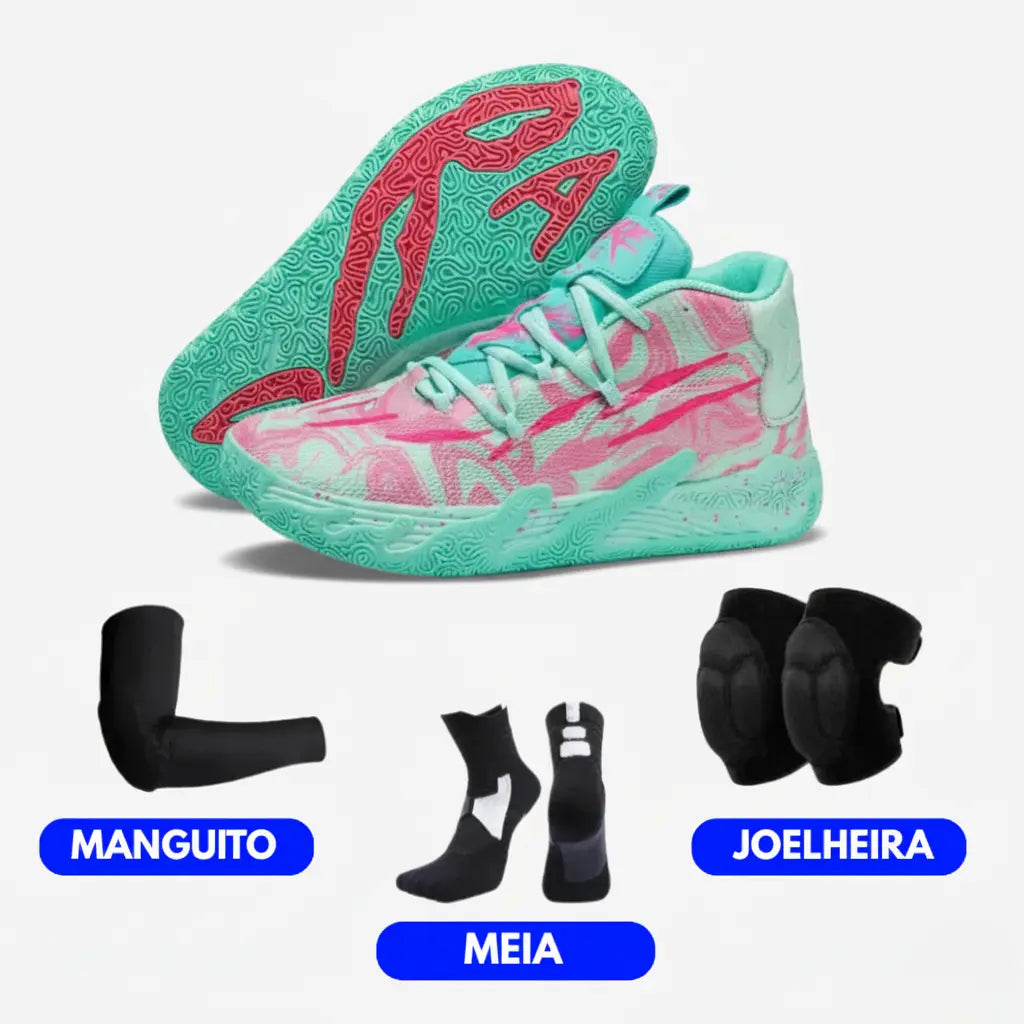 KIT Tênis de Vôlei AeroDunk + Joelheira + Meia + Manguito-Verde/Rosa