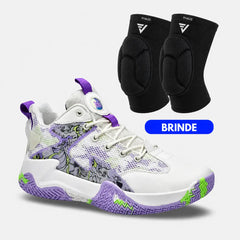 Kit Foam: Tênis de Vôlei Grafite 3.0 + Joelheira com Espuma - Branco/Roxo