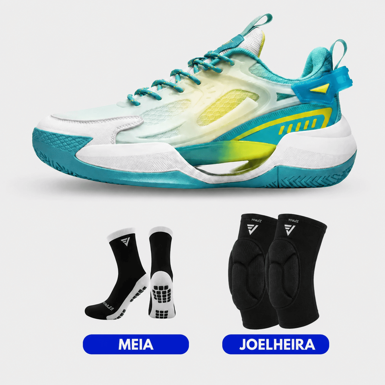 KIT Tênis de Vôlei e Basquete PowerGrip + Joelheira + Meia Antiderrapante