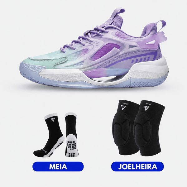 KIT Tênis de Vôlei e Basquete PowerGrip + Joelheira + Meia Antiderrapante