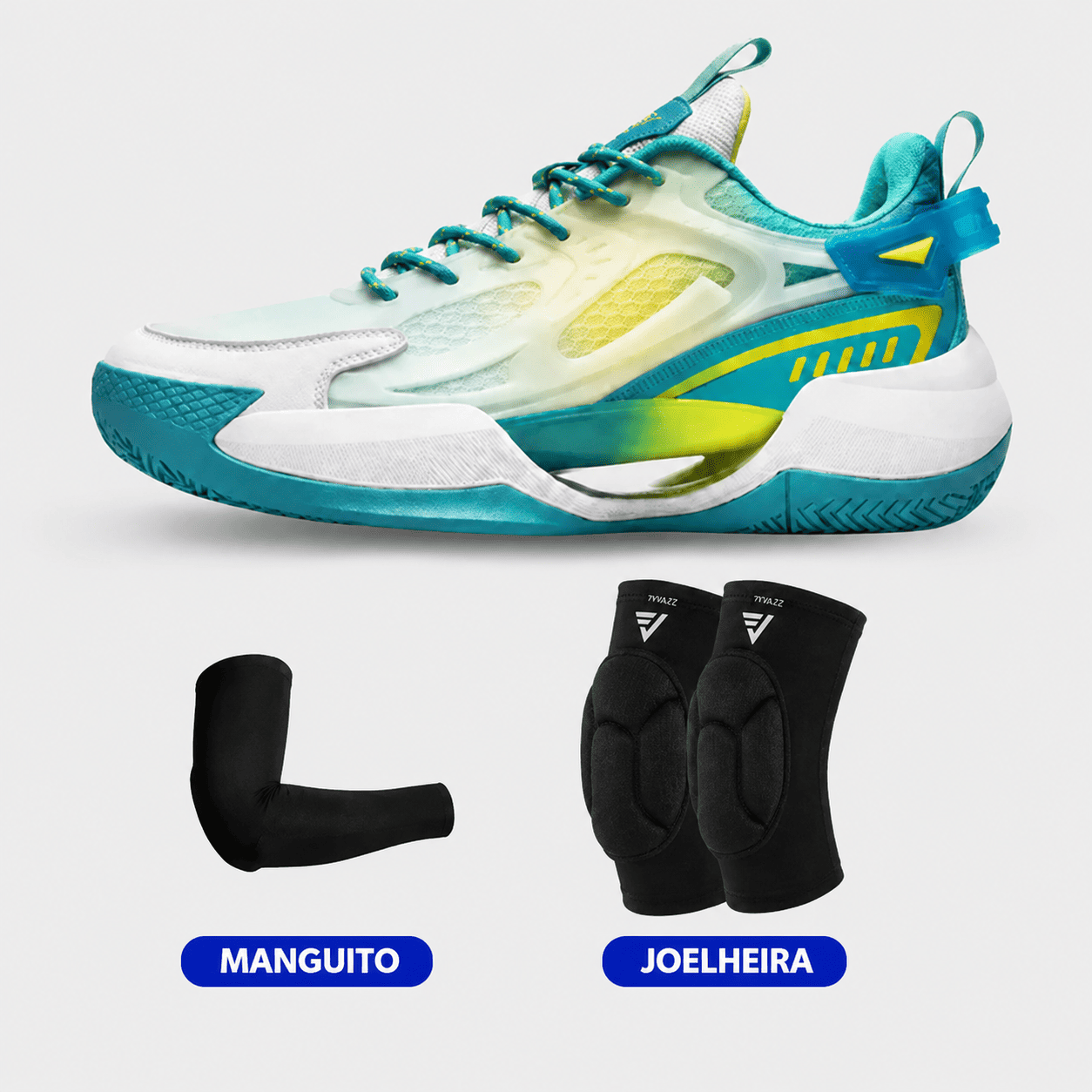 KIT Tênis de Vôlei e Basquete PowerGrip + Joelheira + Manguito