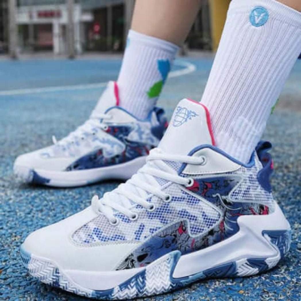 Tênis de Basquete Grafite Original | Respirável e Antiderrapante- Branco/Azul